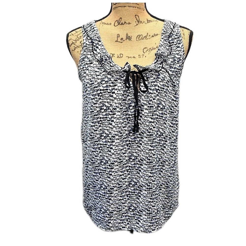 Ann Taylor LOFT Ruffle Tie Scoop Neck Tank Top Blue White Dotted Chic sz XS